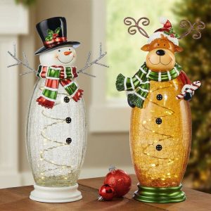 Glass Christmas Table Top Snowman and Moose Ornament With LED Lights 17inch