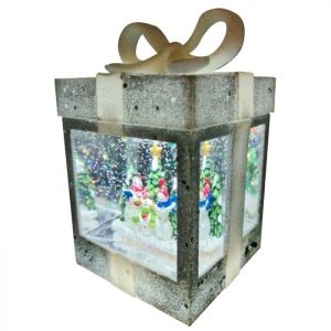 Silver Glitter LED Parcel Spinner Snowman Scene 17cm